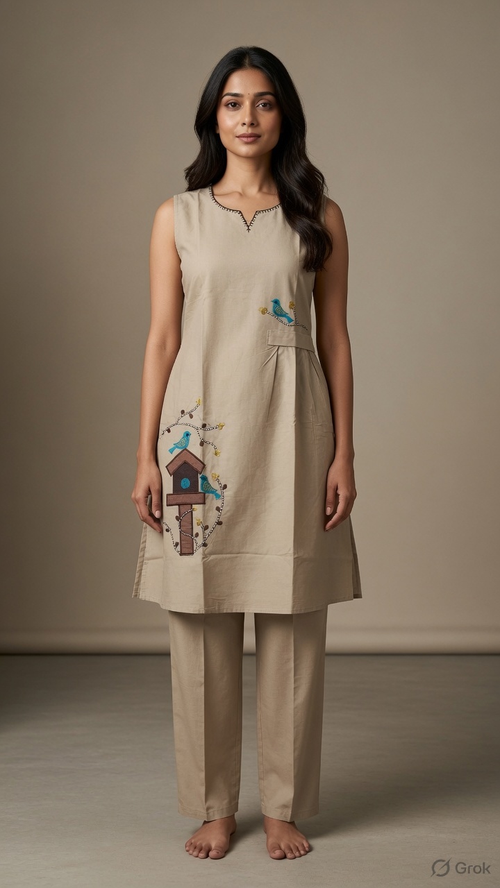 Beige Birdhouse Linen Co-ord