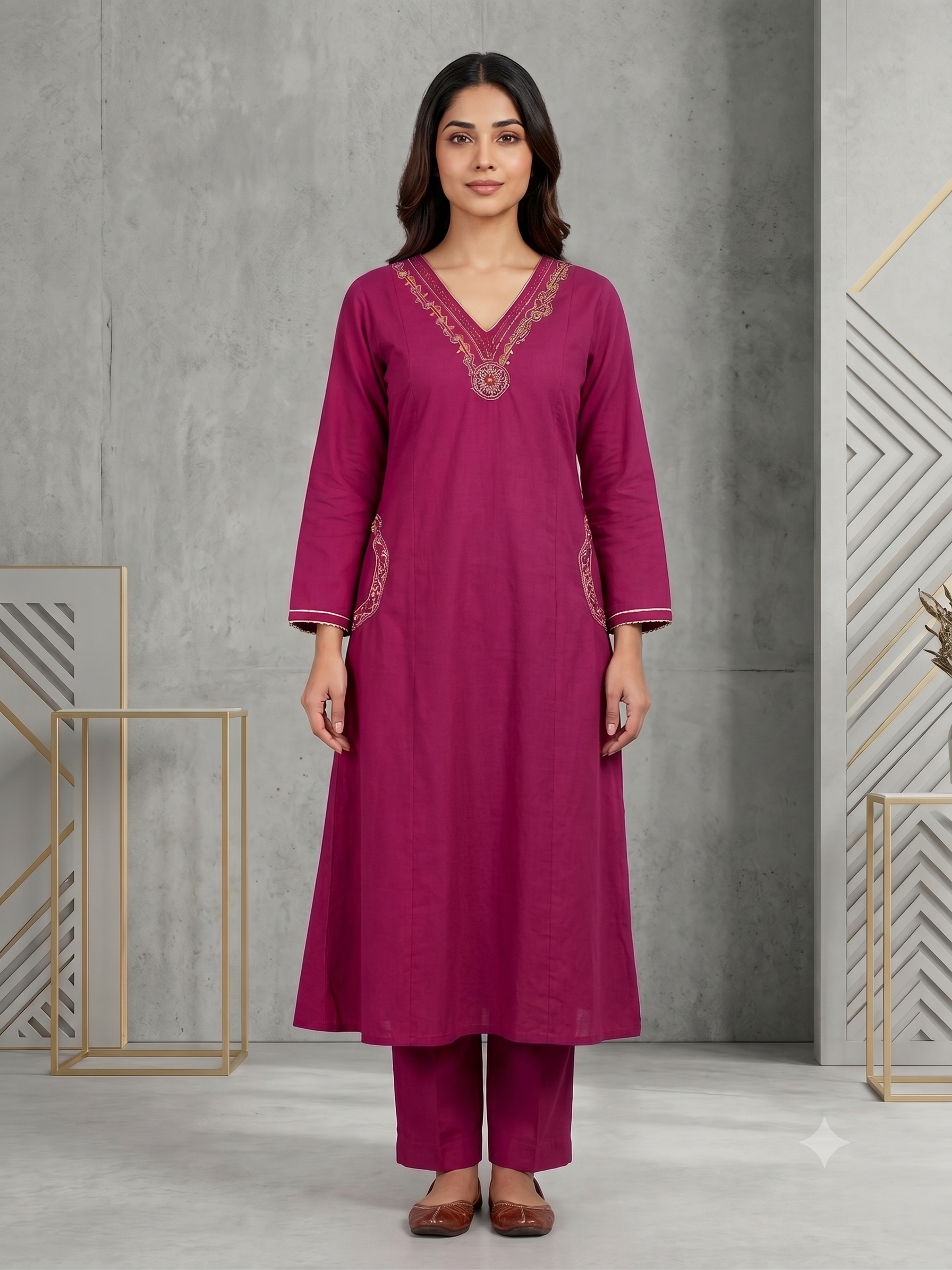 Magenta Gold Embroidered Set