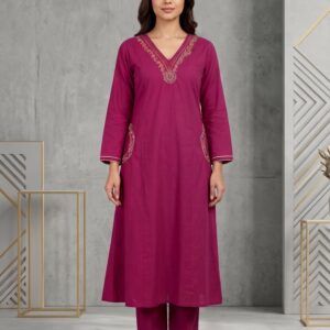 Magenta Gold Embroidered Kurti Set