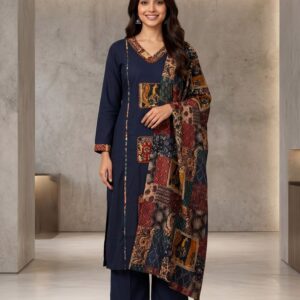 Navy Kurti Set with Patchwork Print Dupatta