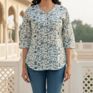 White Village Print Casual Top
