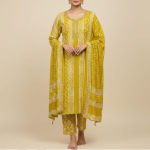 Mustard Striped Kurti Set with Greek Border Dupatta