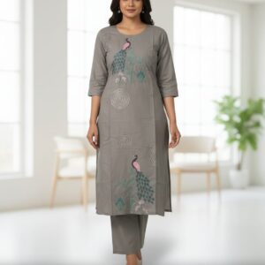 Grey Peacock Embroidered Kurti Set