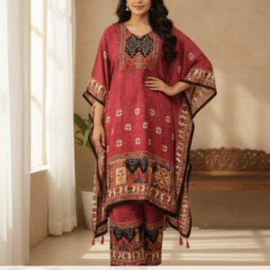 Maroon Ajrakh Border Kaftan Kurta