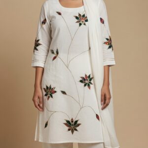 White Kurti Set with Multicolour Floral Appliqué