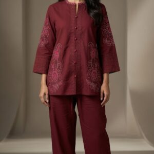 Maroon Embroidered Kurti-Pant Set