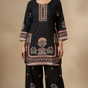 Black Floral Border Kurti Set
