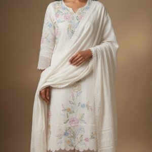 White Floral Embroidered Kurti Set with Lace Trim