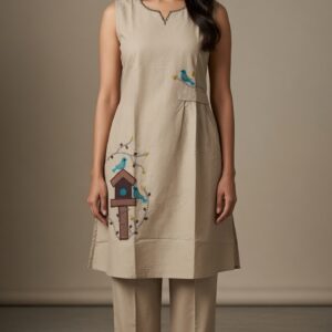 Beige Birdhouse Embroidered Co-ord Set